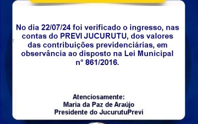 Ingresso, nas Contas do PREVI JUCURUTU, dos Valores das Contribuições Previdenciárias, Em Observância Ao Disposto na Lei Municipal N° 861/2018