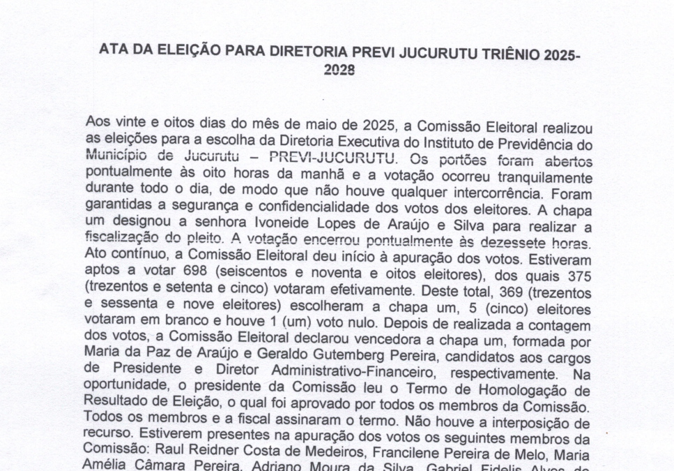 Ata de reunião para diretoria previ Jucurutu triênio 2025 – 2028.
